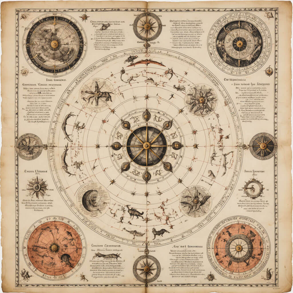 Detail unikátní hvězdné mapy z pražského archivu z roku 1584 s ilustracemi souhvězdí v renesančním stylu, zvěrokruhem a poznámkami v latině na zestárlém papíře s terakotovými detaily